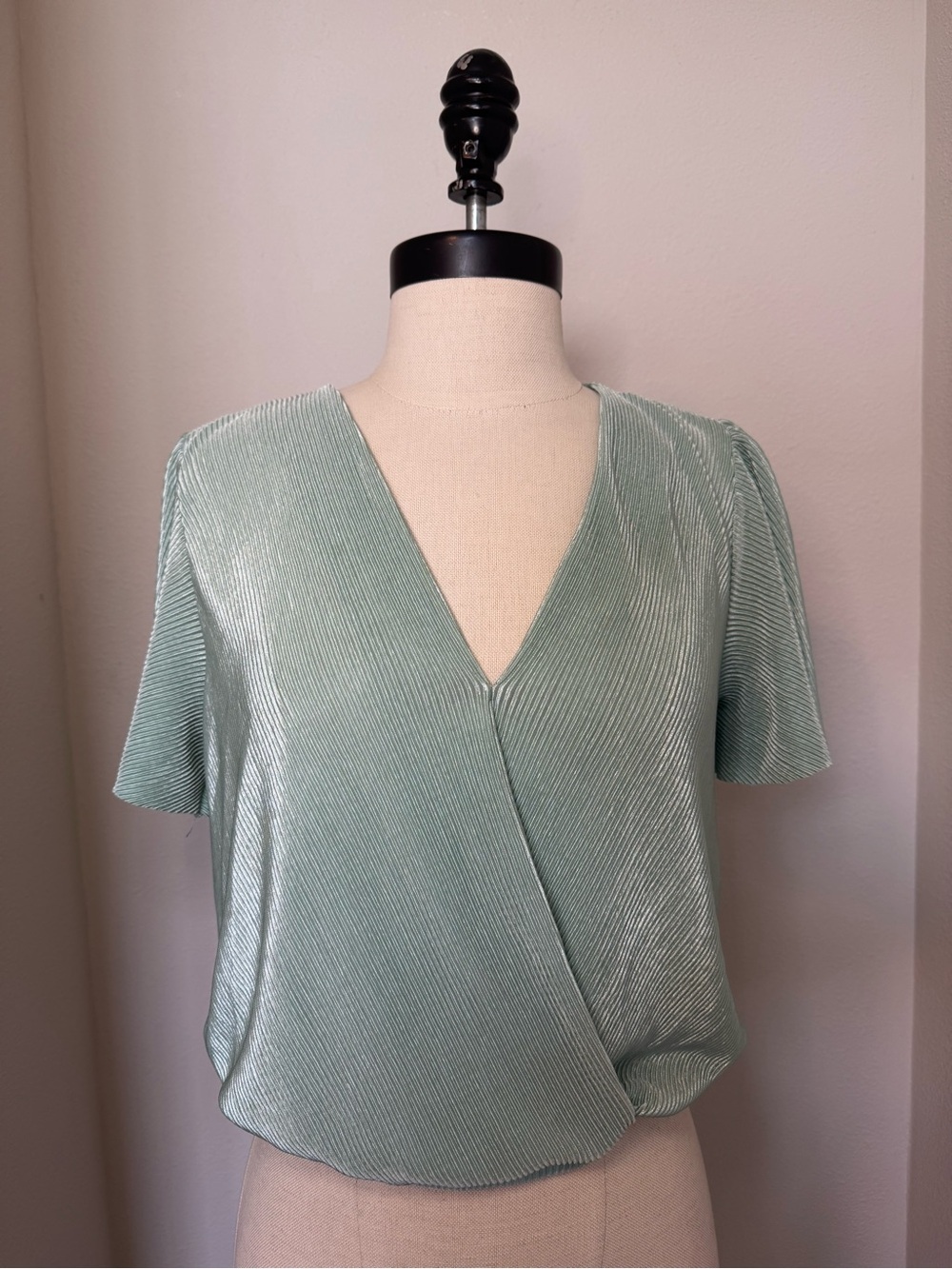 ASTR The Label Women's Short Sleeve Plisse Blouse in Mint Green